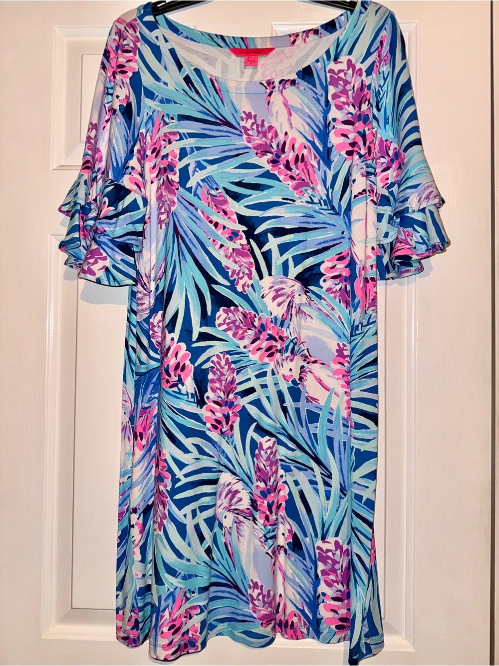 Lilly Pulitzer Blue & Pink Tropical Flutter-Sleeve Midi Dress